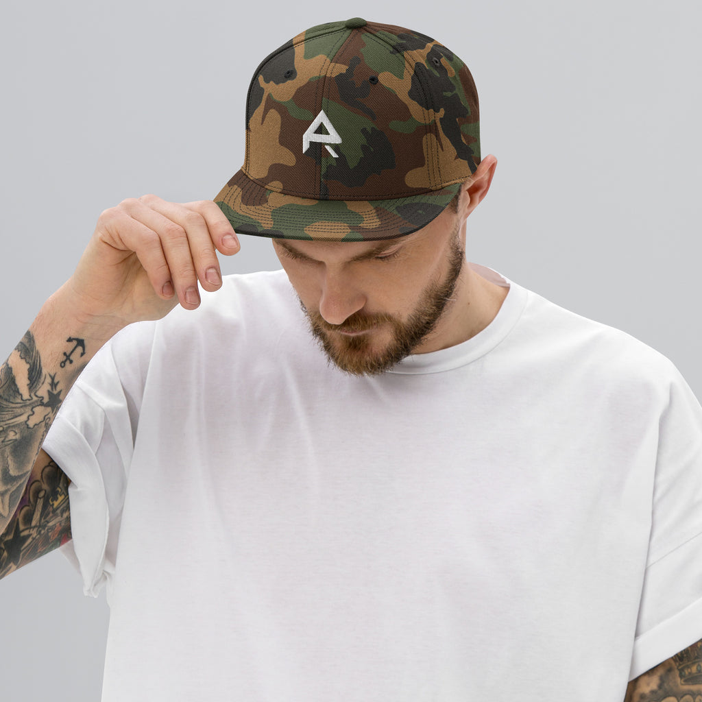 Front view of a PR logo camo snapback hat with a clean modern design