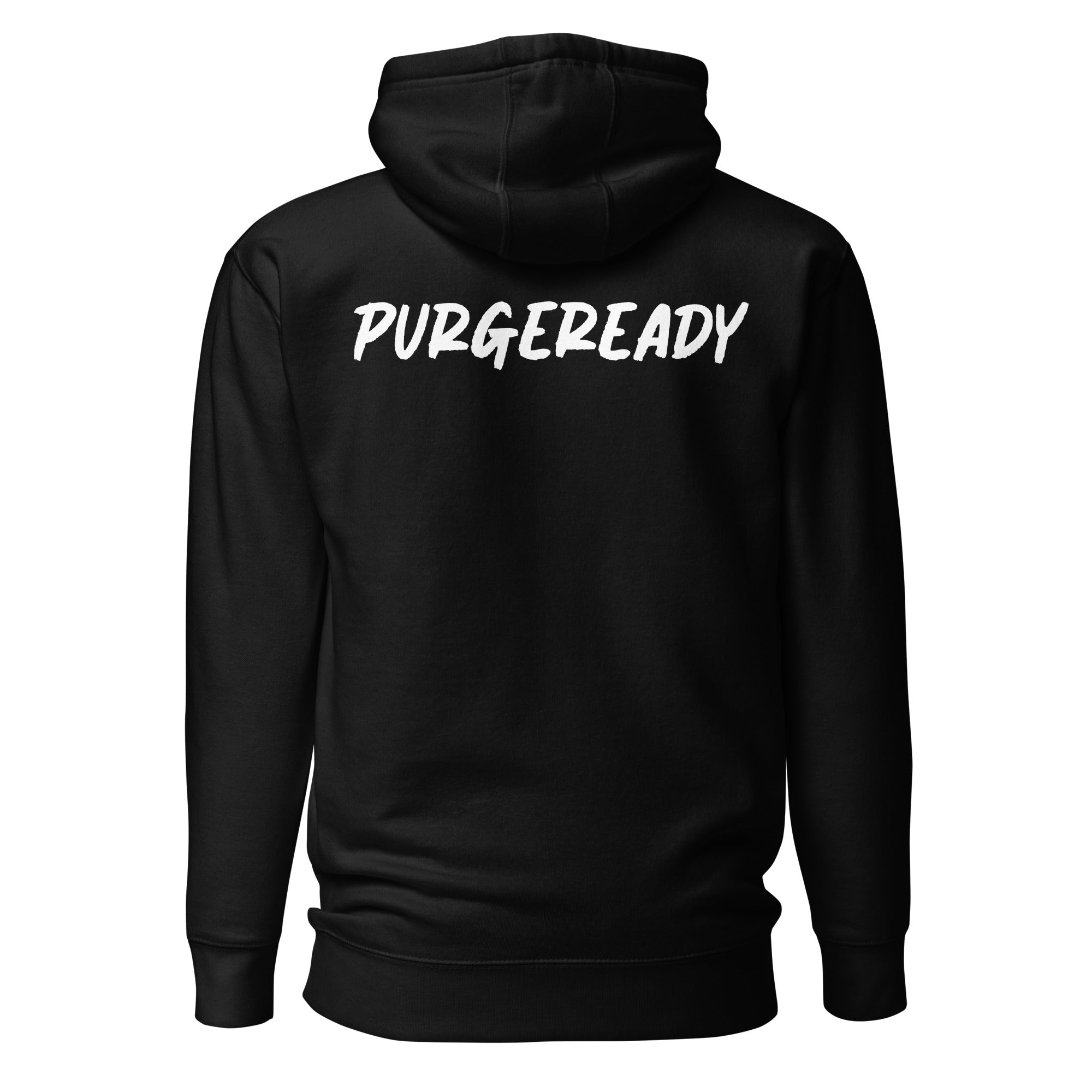 Back view of a PR logo hoodie with a clean modern design