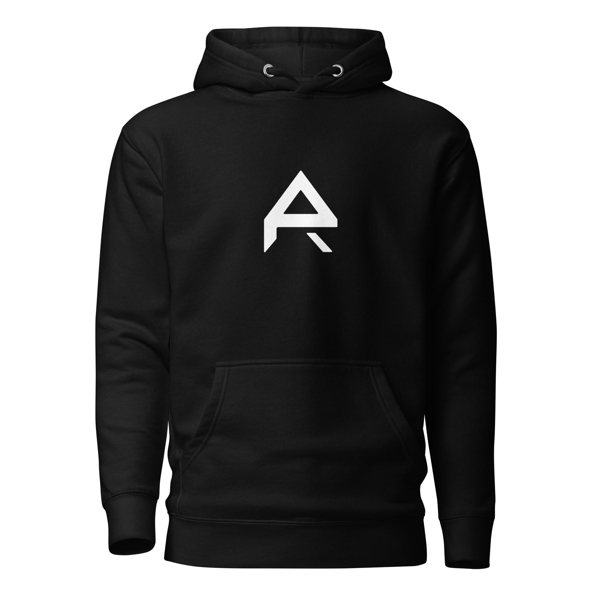 Front view of a PR logo hoodie with a clean modern design