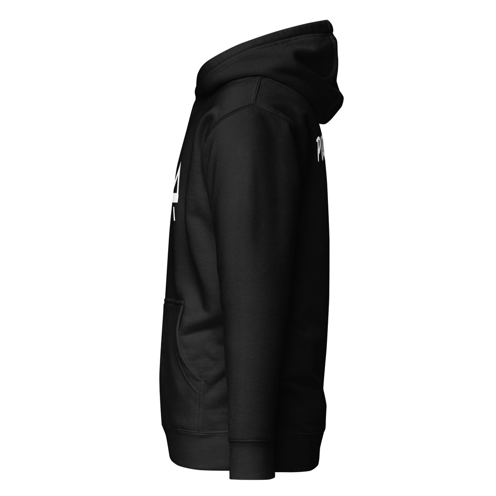 Right view of a PR logo hoodie with a clean modern design