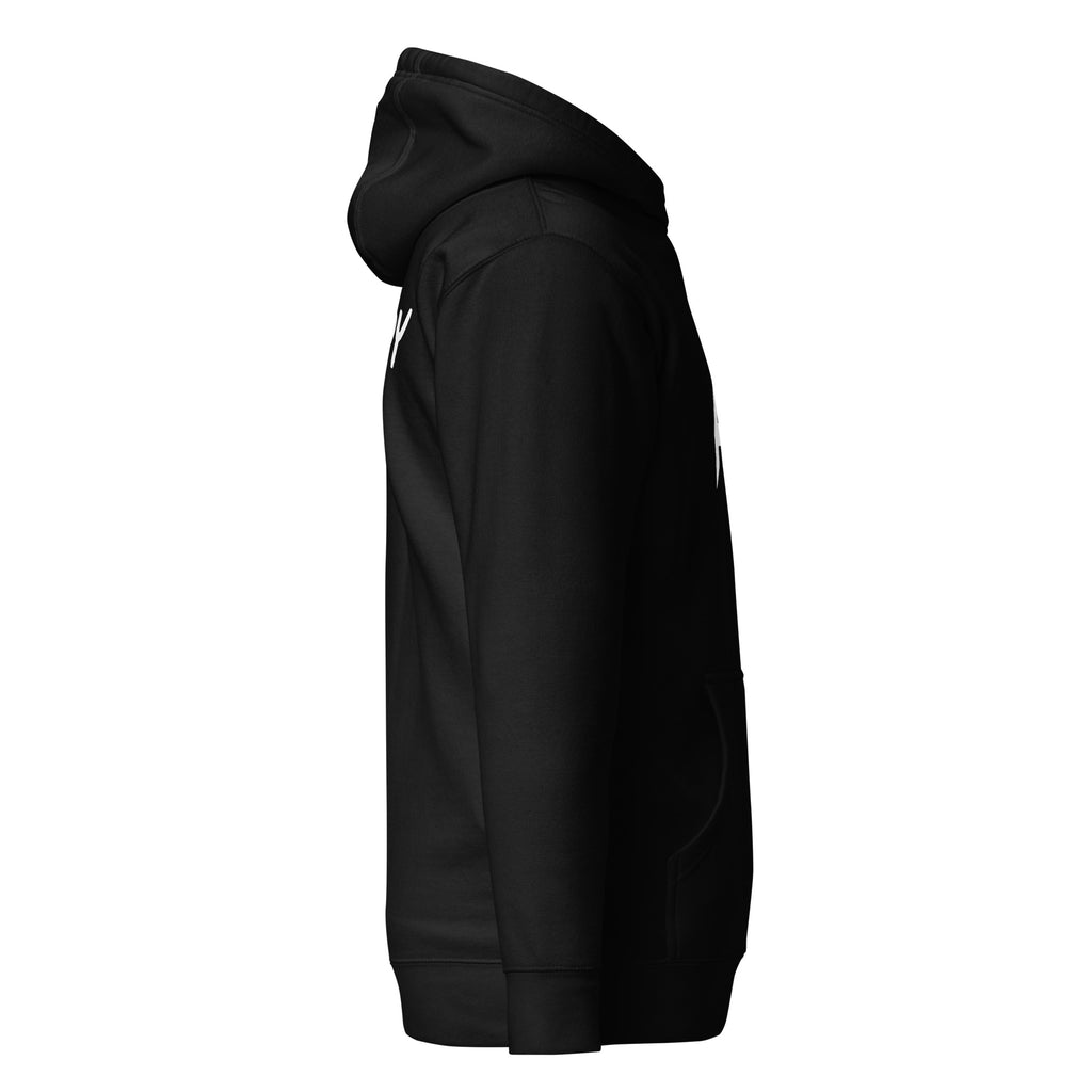 Left view of a PR logo hoodie with a clean modern design