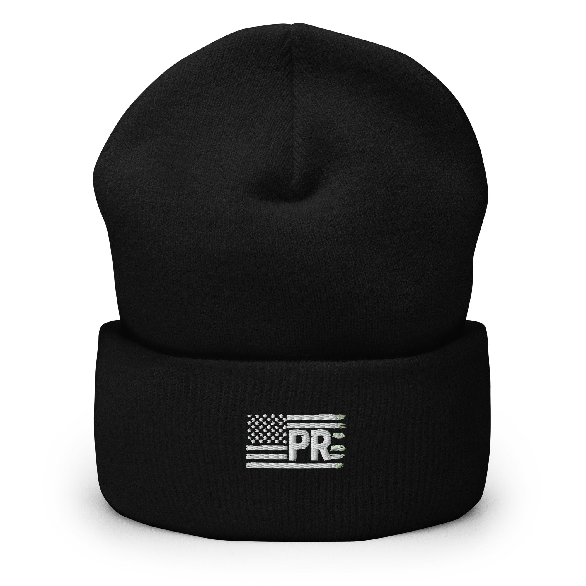 Front view of a PR America beanie with bold patriotic design