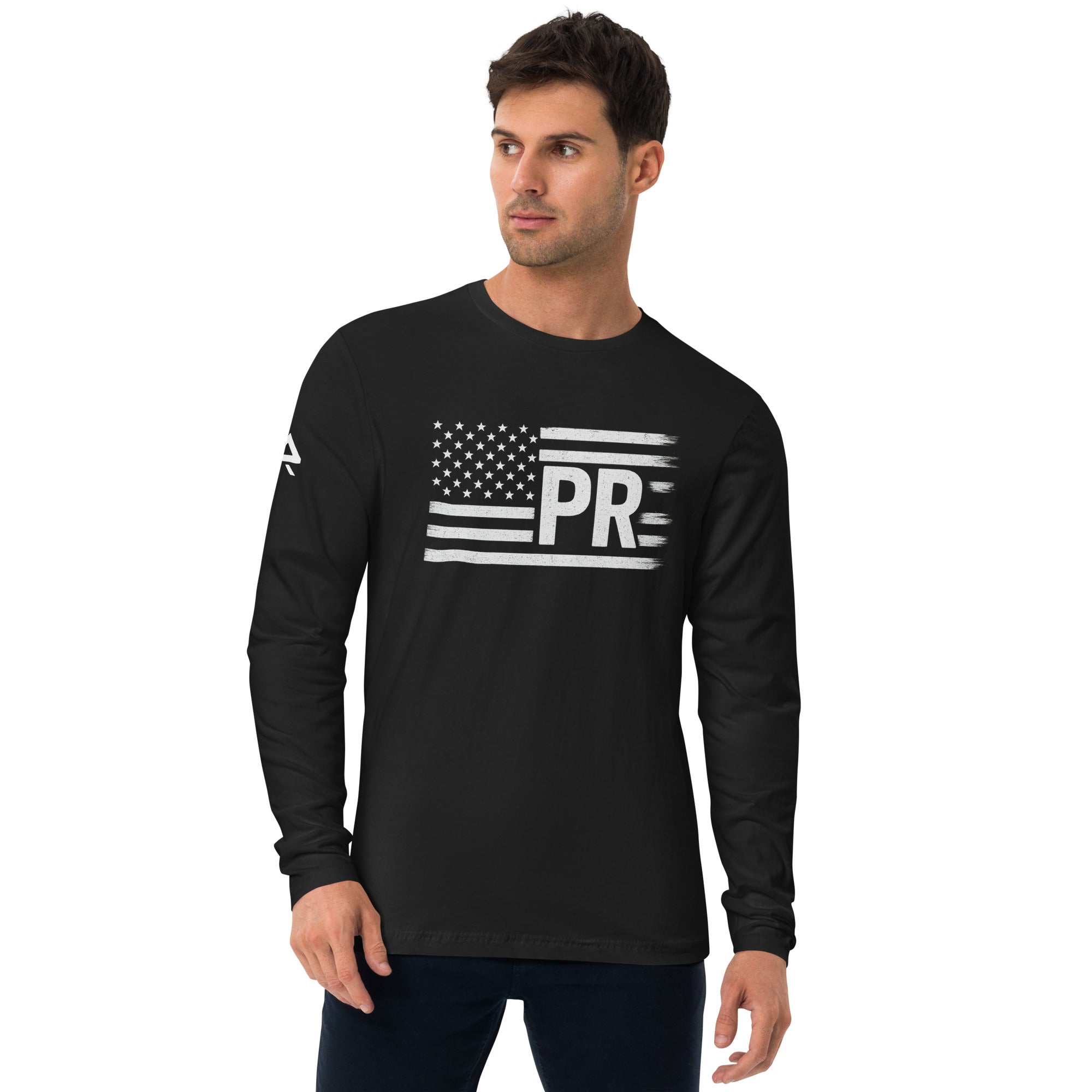 Front view of a PR America long‑sleeve T‑shirt with bold patriotic design