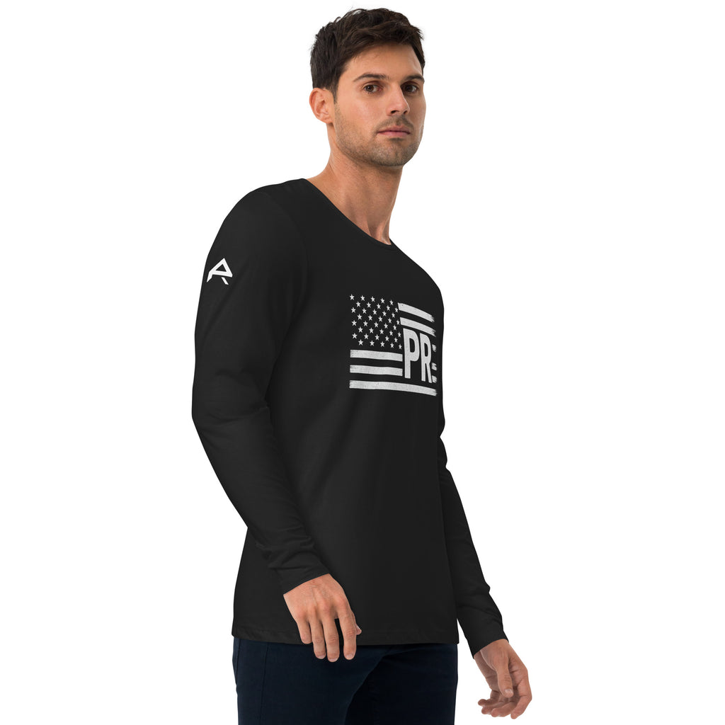 Side view of a PR America long‑sleeve T‑shirt with bold patriotic design