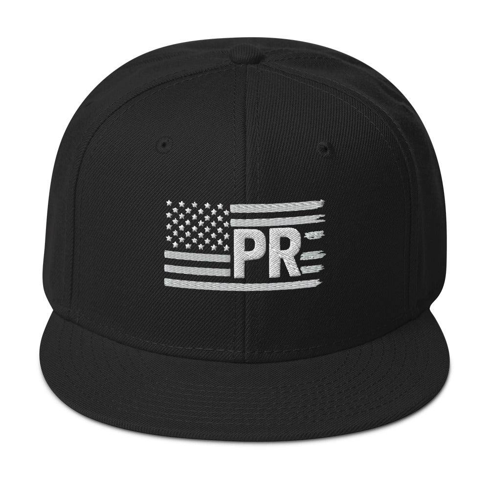 Front view of a PR America hat with bold patriotic design