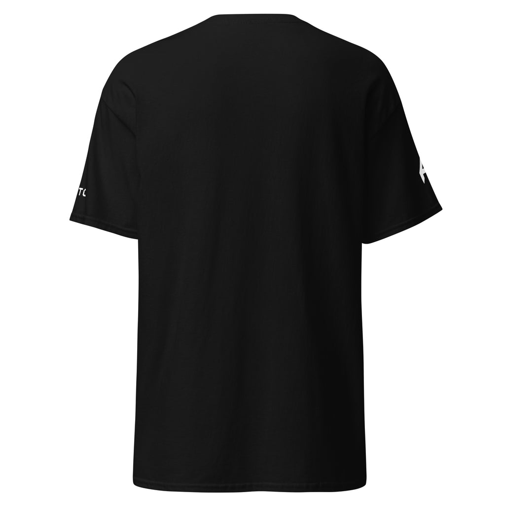 Back view of an Overtaxed T‑shirt with bold graphic design