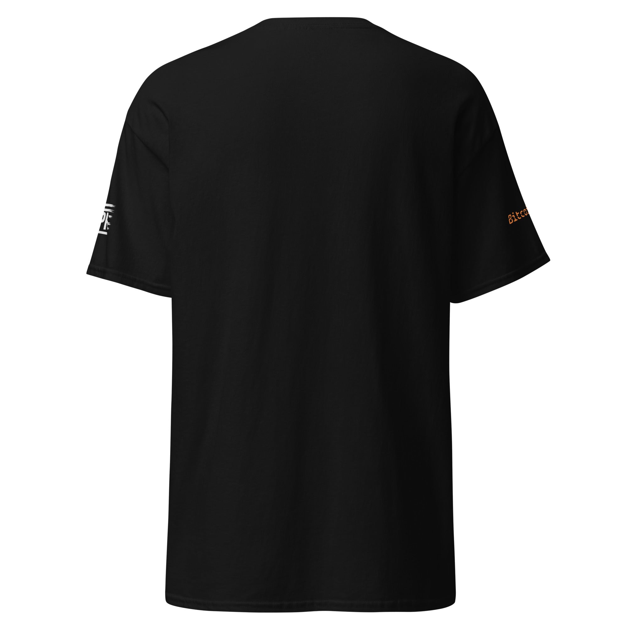 Back view of a Bitcoin T‑shirt with bold BTC logo