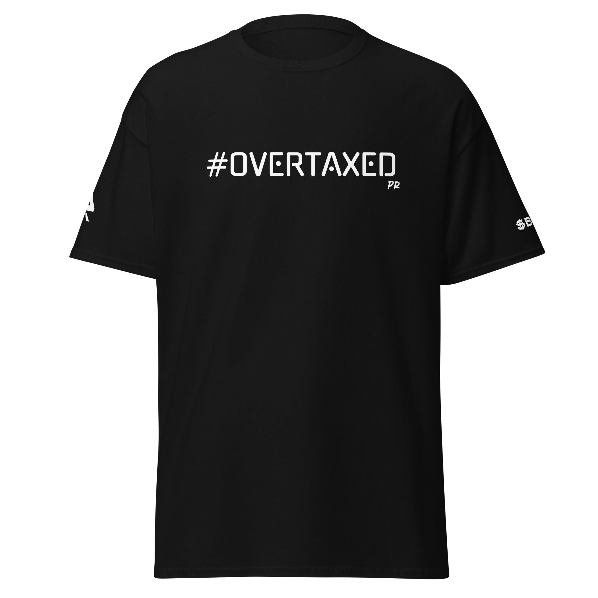 Front view of an Overtaxed T‑shirt with bold graphic design