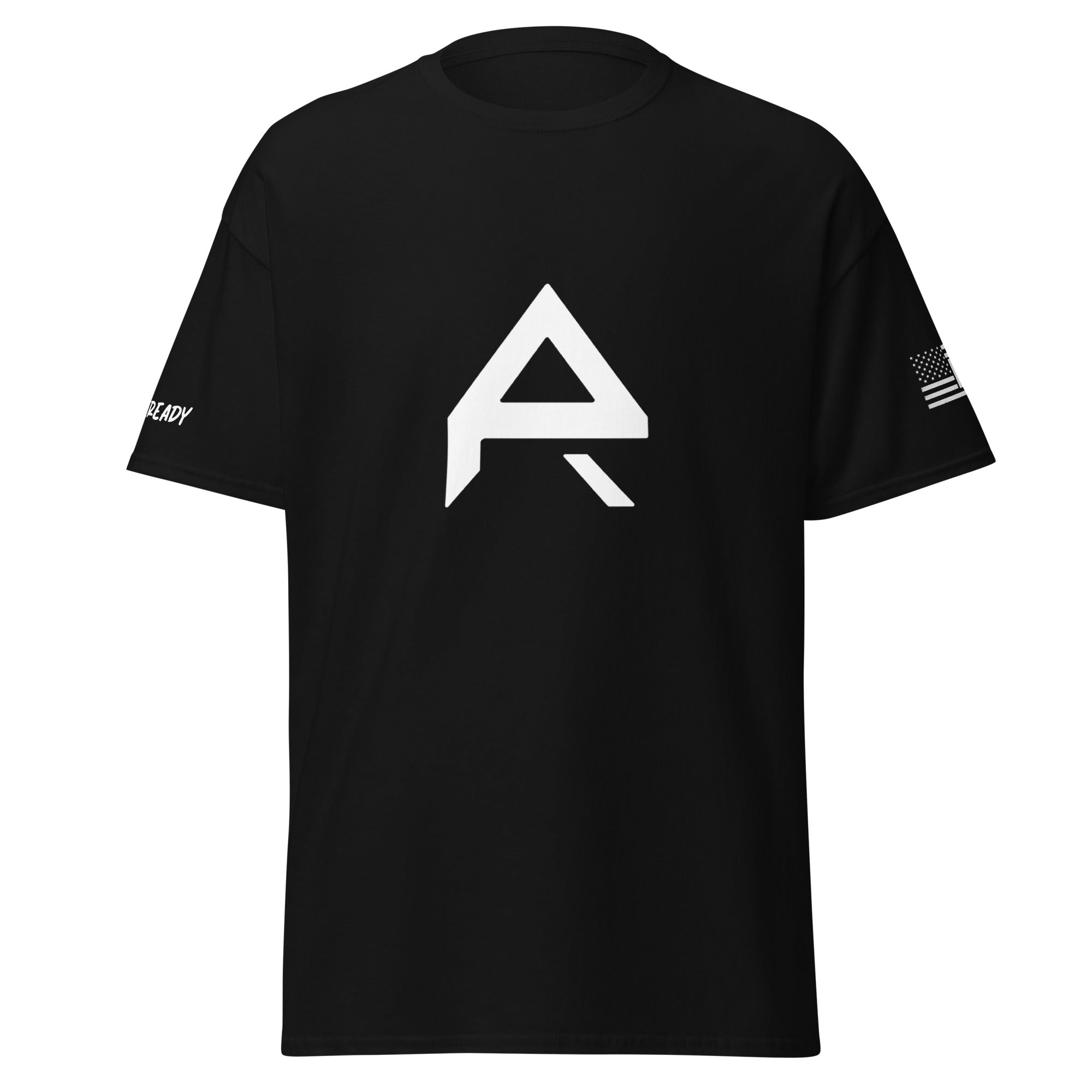 Front view of a PR logo T‑shirt with a bold minimalist design