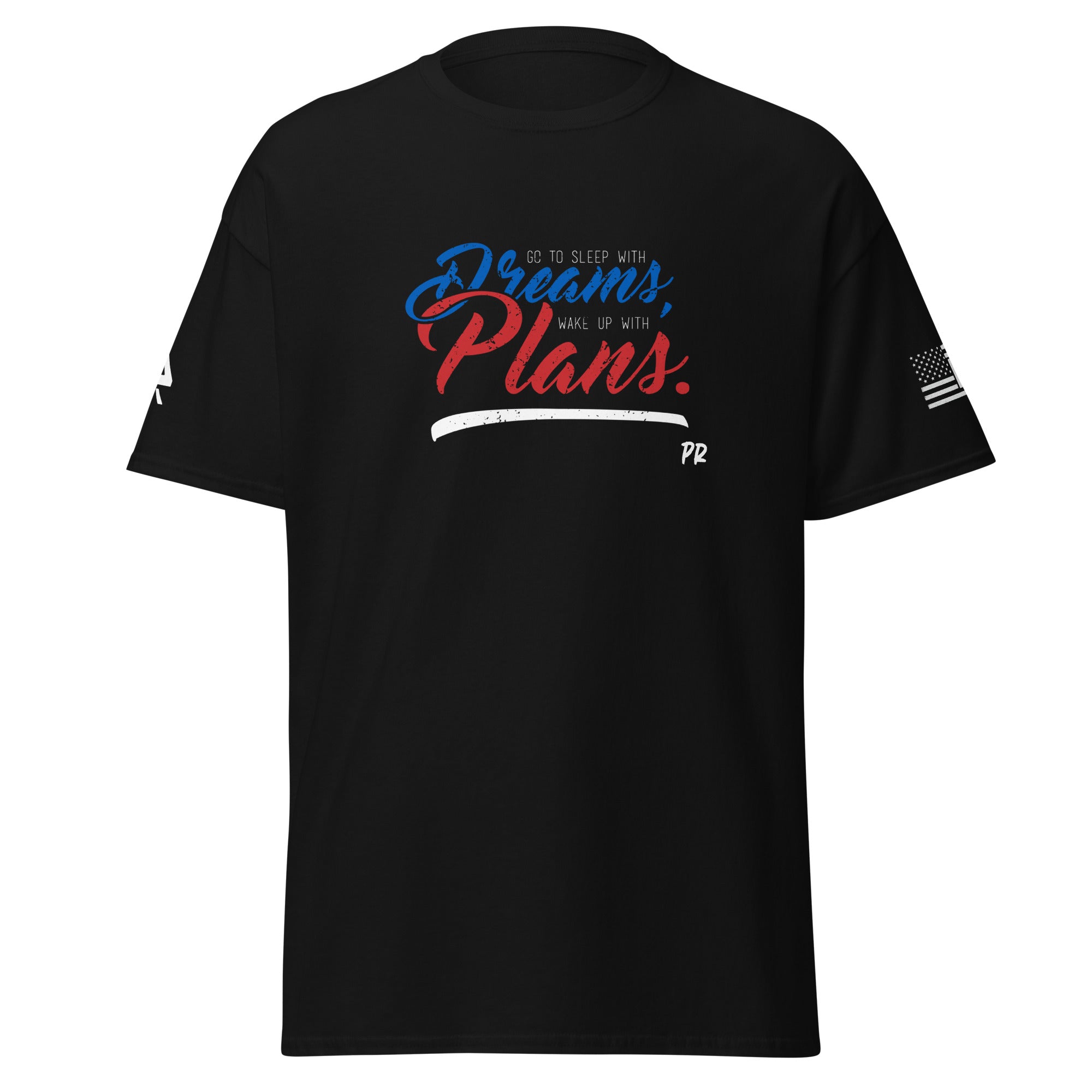 Front view of a ‘Dreams to Plans’ T‑shirt with a bold motivational design