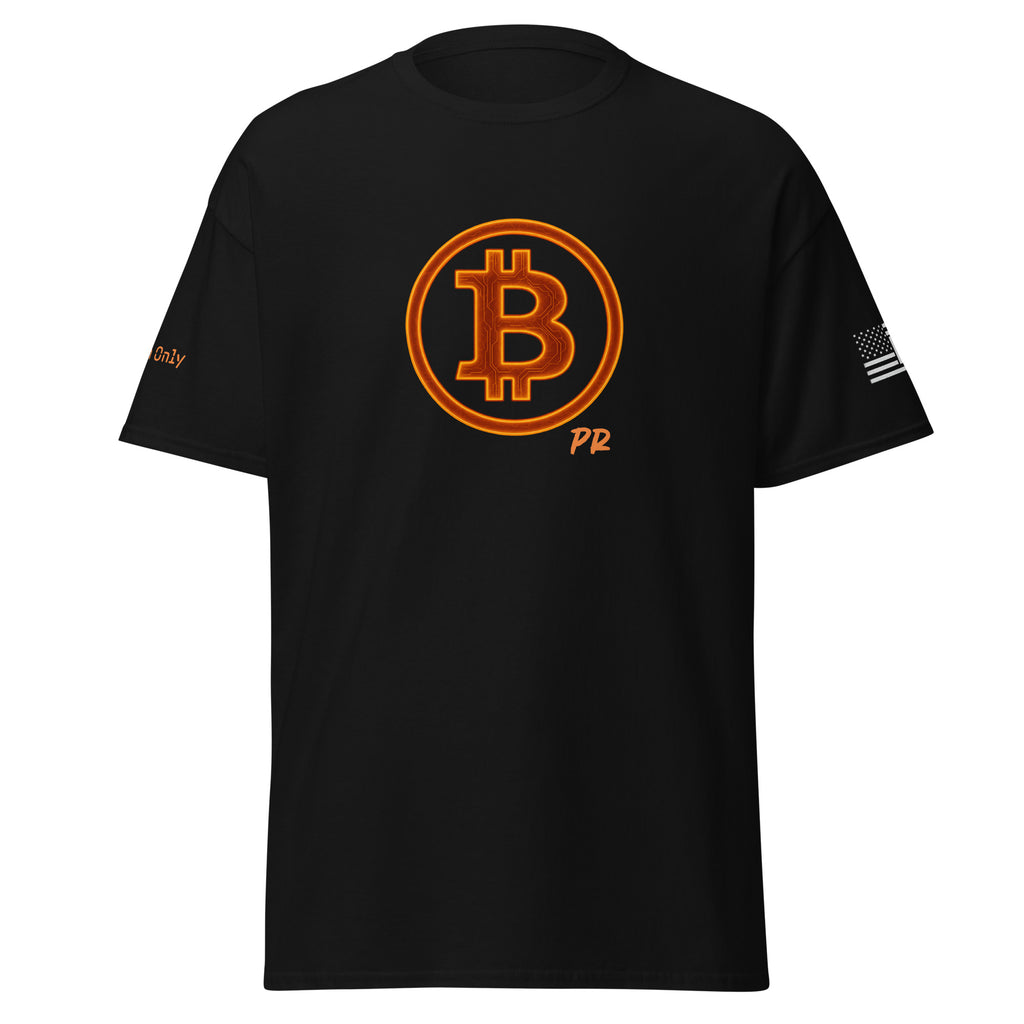 Front view of a Bitcoin T‑shirt with bold BTC logo