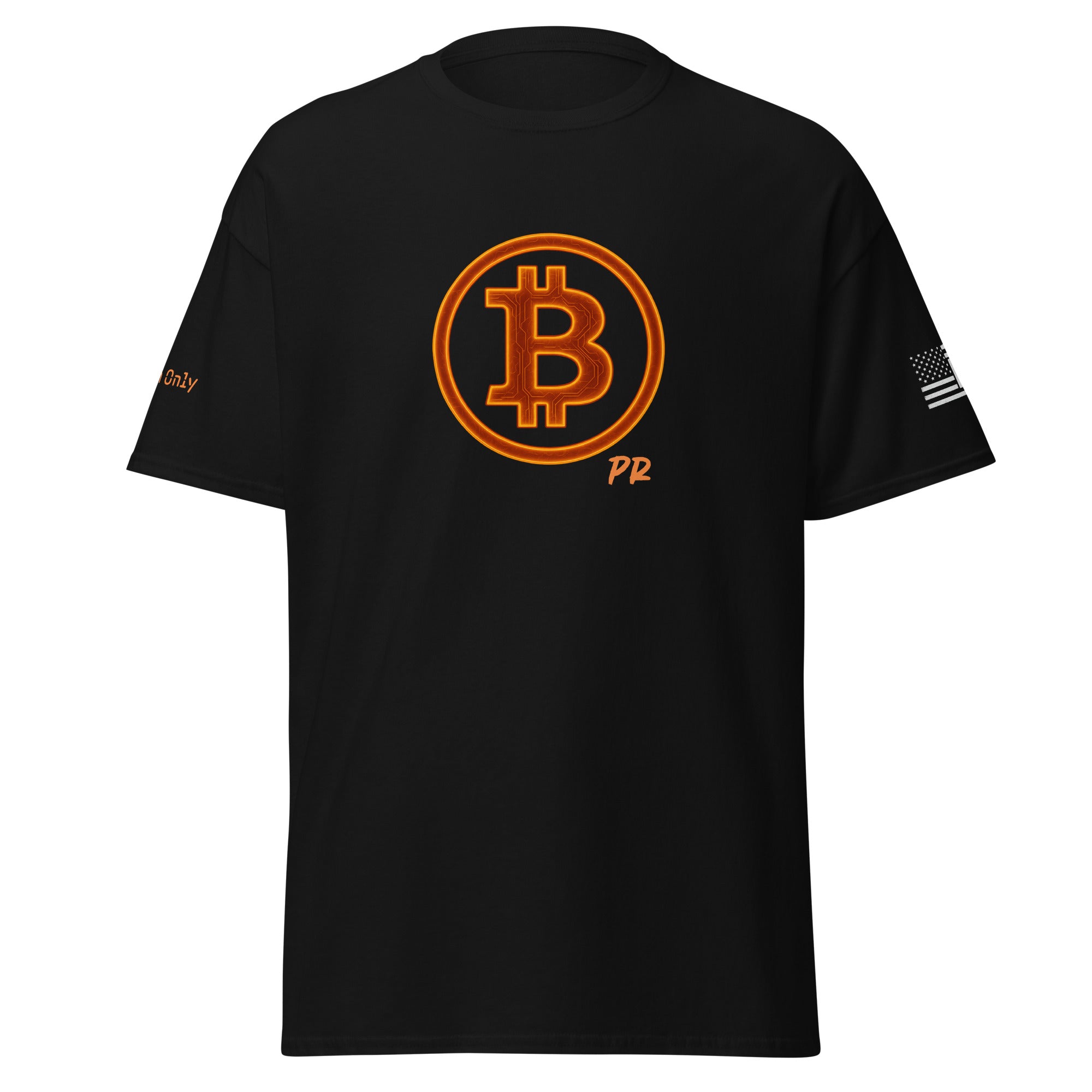 Front view of a Bitcoin T‑shirt with bold BTC logo