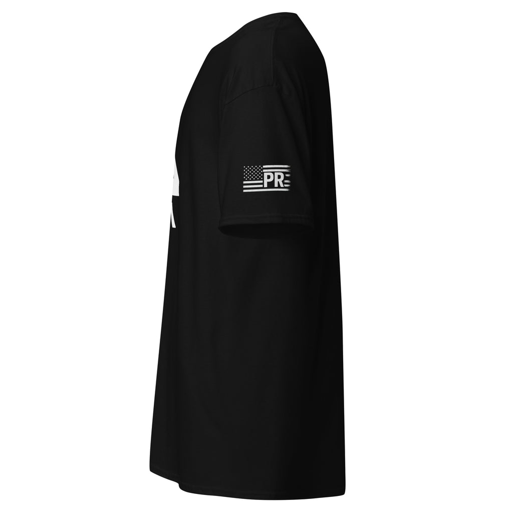 Left view of a PR logo T‑shirt with a bold minimalist design